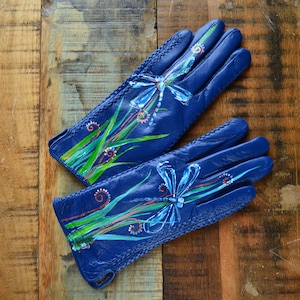 Dameshandschoenen Bluee leren handschoenen dames Handgeschilderde libellekunst