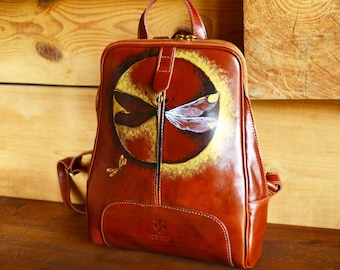 Winziger Rucksack Geldbeutel Wandelbarer Rucksack Leder, handbemalte Libelle Kunst