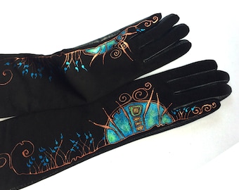 Lange schwarze Lederhandschuhe für Damen. Warme Winterhandschuhe. Handbemalt.