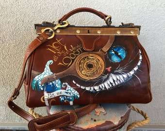 Brown leather doctor bag Cheshire smile Hand painted leather hand bags for women