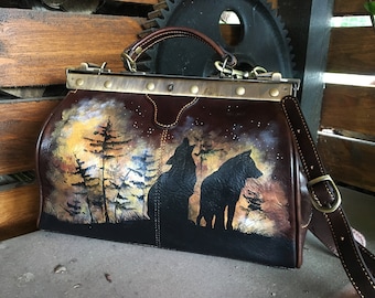 Leather medical bag Work bag women Hand painted Wolf art