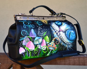 Alice from Wonderland black leather doctor bag Hand painted Cheshire smile art