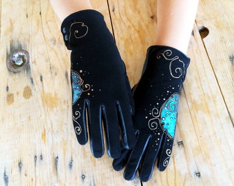 Black leather gloves womens. Hand painted arm warmers.