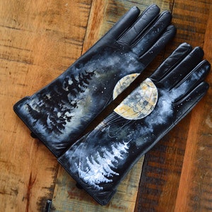 Gepersonaliseerde winter handschoenen vrouwen Zwart lederen armwarmers Handgeschilderd Harvest Moon art