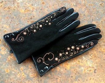 Suede gloves personalized Leather ladies gloves Hand painted dandelion art