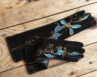 Long gloves personalized Leather gloves womens Dragonfly gifts for her Hand painted