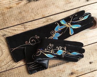 Lange Lederhandschuhe für Frauen personalisiert. Libelle Geschenke für sie, handgemalt