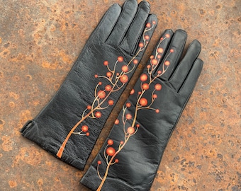 Personalized black leather gloves women Hand painted floral art