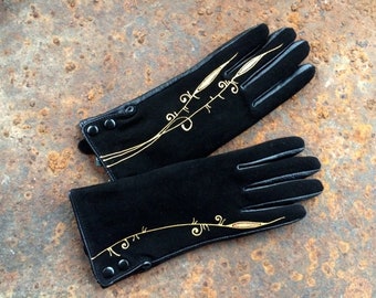 Black winter gloves womens Suede ladies gloves hand painted In stock Size XS / 6.5