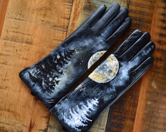 Personalized winter gloves women Black leather arm warmers Hand painted Harvest Moon art