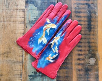 Red leather gloves womens Laidies gloves Koi fish gift Hand painted