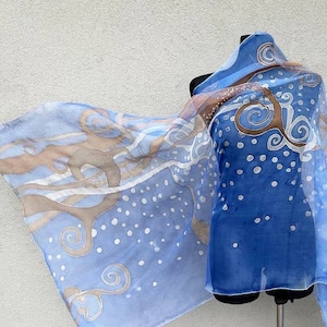 Blue hand painted silk scarf Large long silk shawl Anniversary gifts idea