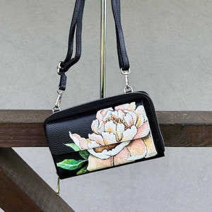 Custodia porta cellulare a tracolla Portafoglio per carte di credito carino Arte di peonie dipinta a mano