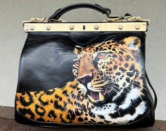 Leopard art Leder Arzttasche, handbemalte Wildkatze
