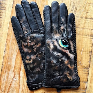 Zwart leren dameshandschoenen Leopard art armwarmers Handgeschilderd