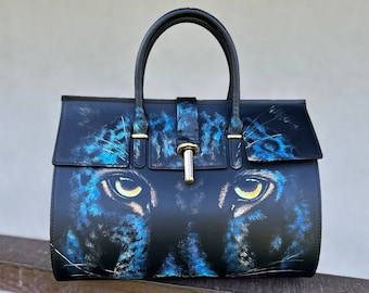 Blaue Leopard Handtasche Leder Handgemalte raue Katze Kunst