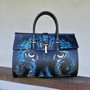 Blue leopard handbag leather Hand painted big cat art