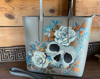 Graue Laptoptasche aus Leder für Damen, Gothic Lolita, große Tragetasche, handbemalt mit Totenkopfmotiven