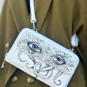Leather crossbody phone bag Hand-painted Eye and Chulthu patches art, cute long phone-wallet