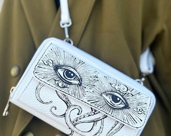 Umhängetasche aus Leder mit handbemalten Augen- und Chulthu-Motiven, süßes langes Handy-Etui