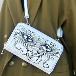 Leather crossbody phone wallet bag Hand-painted eye and Octopus patches design, cute long wallet