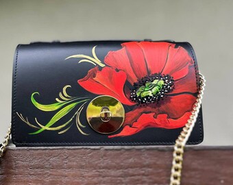Schwarze Leder Clutch Floral Armband Personalisierte Mohn Kunst Kette Geldbörse Handbemalt