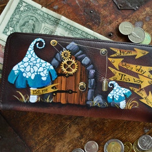 Cartera larga de cuero para mujer Monedero con cremallera alrededor Cartera steampunk Alicia pintada a mano del país de las maravillas