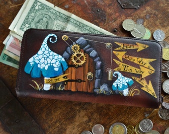 Long leather wallet women Zip around coin purse Hand painted Alice from Wonderland steampunk wallet