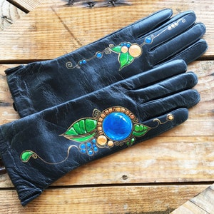 Leather gloves womens Long ladies gloves Hand painted blue art