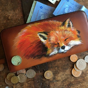 Personalisierte Brieftasche Leder Geldbörse Damen Niedliche Fuchs Handgemalt Kunst