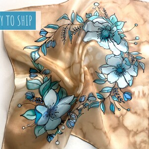 Hand painted brown blue silk scarf head shawl for women Anniversary gifts idea