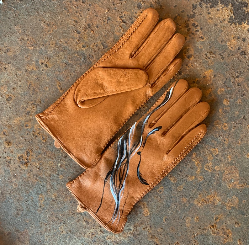 Brown gloves Leather ladies gloves Hand painted hors art image 5