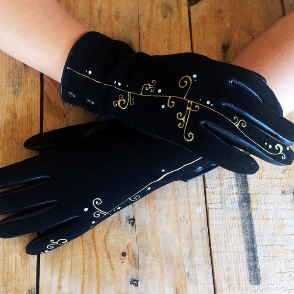 Gold floral gloves Black leather gloves womens Hand painted Size 8.5 / XL