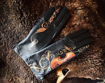 Dark academia gloves womens Leather gloves ladies Violin gifts Hand painted