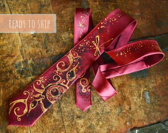 Burgundy skinny tie for men. Hand painted floral necktie.