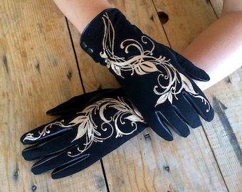 Gold geblümte Handschuhe Schwarze Lederhandschuhe Damen Handbemalt