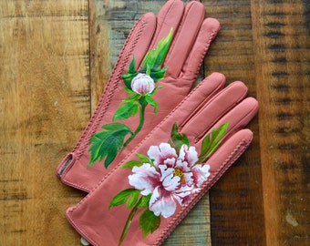 Leather gloves women Dusty rose arm warmers Hand painted japandi  peony gift