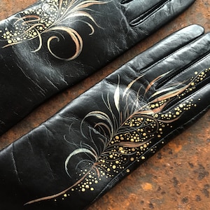Gold feather art leather gloves womens Black leather arm warmers Hand painted
