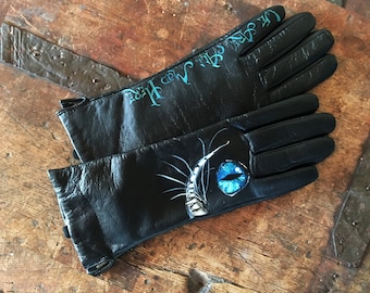 Damen Handschuhe Leder Cheshire Smile Handschuhe Damen handbemalt Alice aus Dem Wunderland Kunst