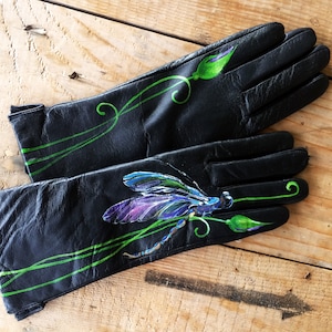 Leren handschoenen dames Zeer peri zwarte leren handschoenen Handgeschilderde Drgonfly-cadeaus