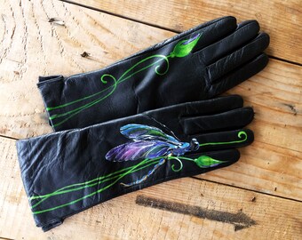 Handbemalte Drgonfly Handschuhe aus echtem Leder
