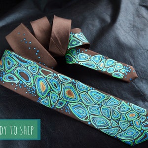 Teal tie Sage green Brown neck tie Hand painted skinny tie