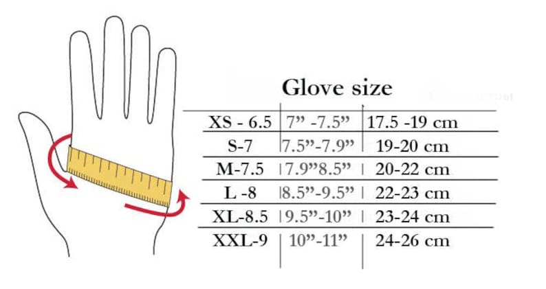 Peut inclure: Un sch&eacute;ma montrant comment mesurer votre main pour la taille des gants. Le sch&eacute;ma montre une main avec une r&egrave;gle mesurant la circonf&eacute;rence de la main, juste en dessous des jointures. Un tableau r&eacute;pertorie les tailles de gants en pouces et en centim&egrave;tres, avec les mesures de circonf&eacute;rence de la main correspondantes.