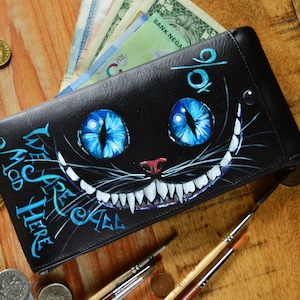 Cartera para teléfono Monedero largo único de cuero Arte de sonrisa de Cheshire pintado a mano
