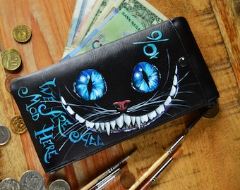 Phone wallet Unique long coin purse leather Hand painted Cheshire smile art