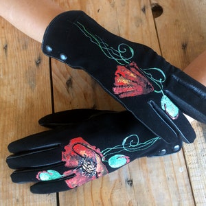 Black leather gloves womens Personalized gloves ladies Hand painted
