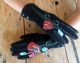 Black leather gloves womens Personalized gloves ladies Hand painted