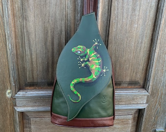 Mini backpack purse Green leather convertible backpack women Hand painted lizard art