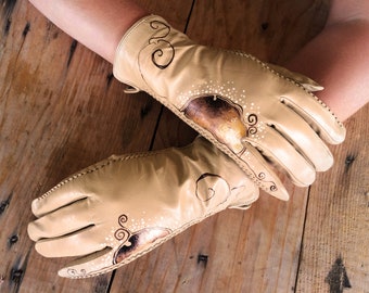 Ivory leather gloves personalized Ladies arm warmers hand painted