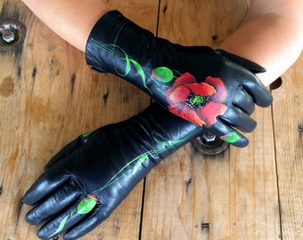 Personalized gloves womens Leather arm warmers Hand painted Red Poppy art